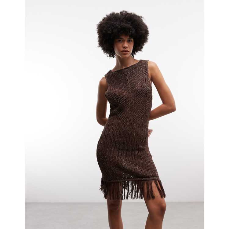 ASOS DESIGN knit fringe mini beach dress in metallic brown | ASOS