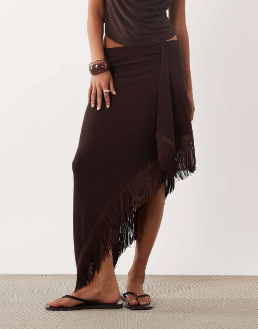 ASOS DESIGN knit fringe sarong midi skirt in brown, 2 of 5