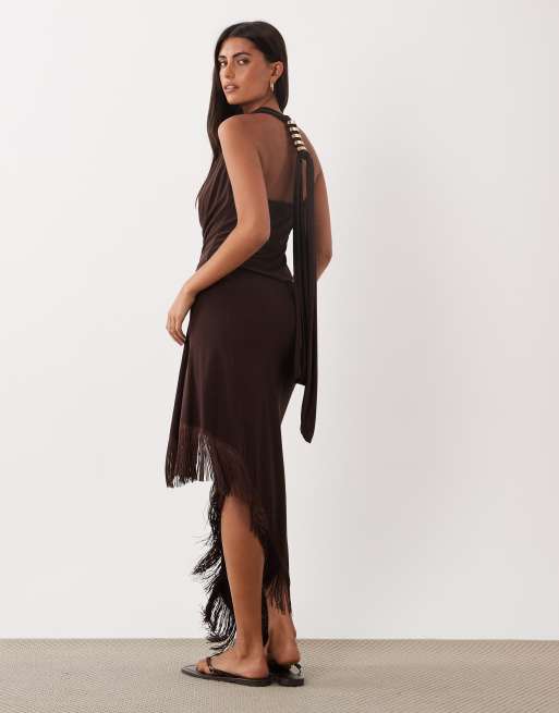ASOS DESIGN knit fringe sarong midi skirt in brown, 5 of 5