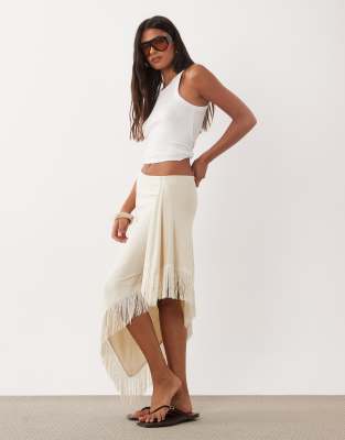 Asos Design Knit Fringe Sarong Midi Skirt-white
