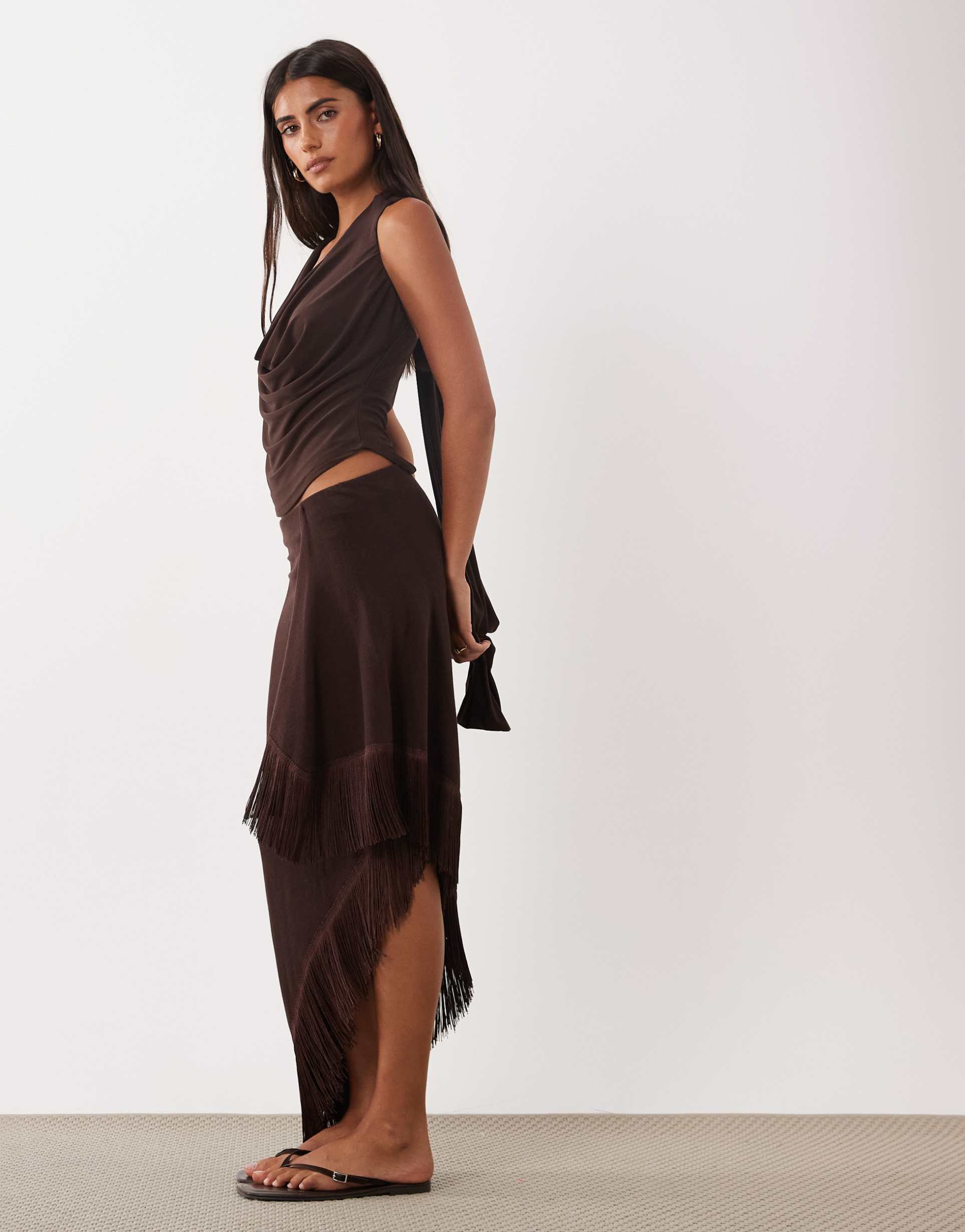 asos design knit fringe trim sarong midi skirt in brown