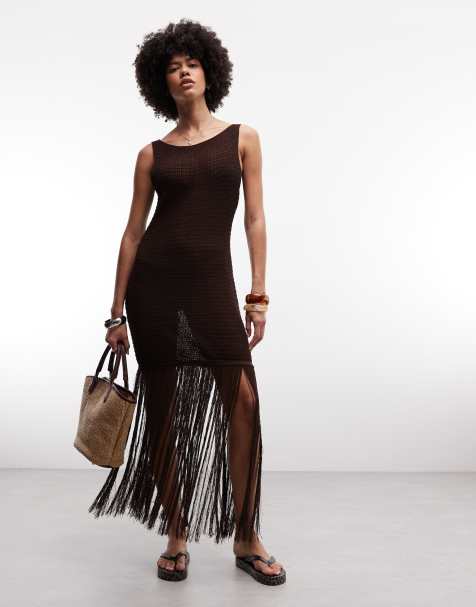 ASOS DESIGN knit fringed maxi beach dress in brown - view 1