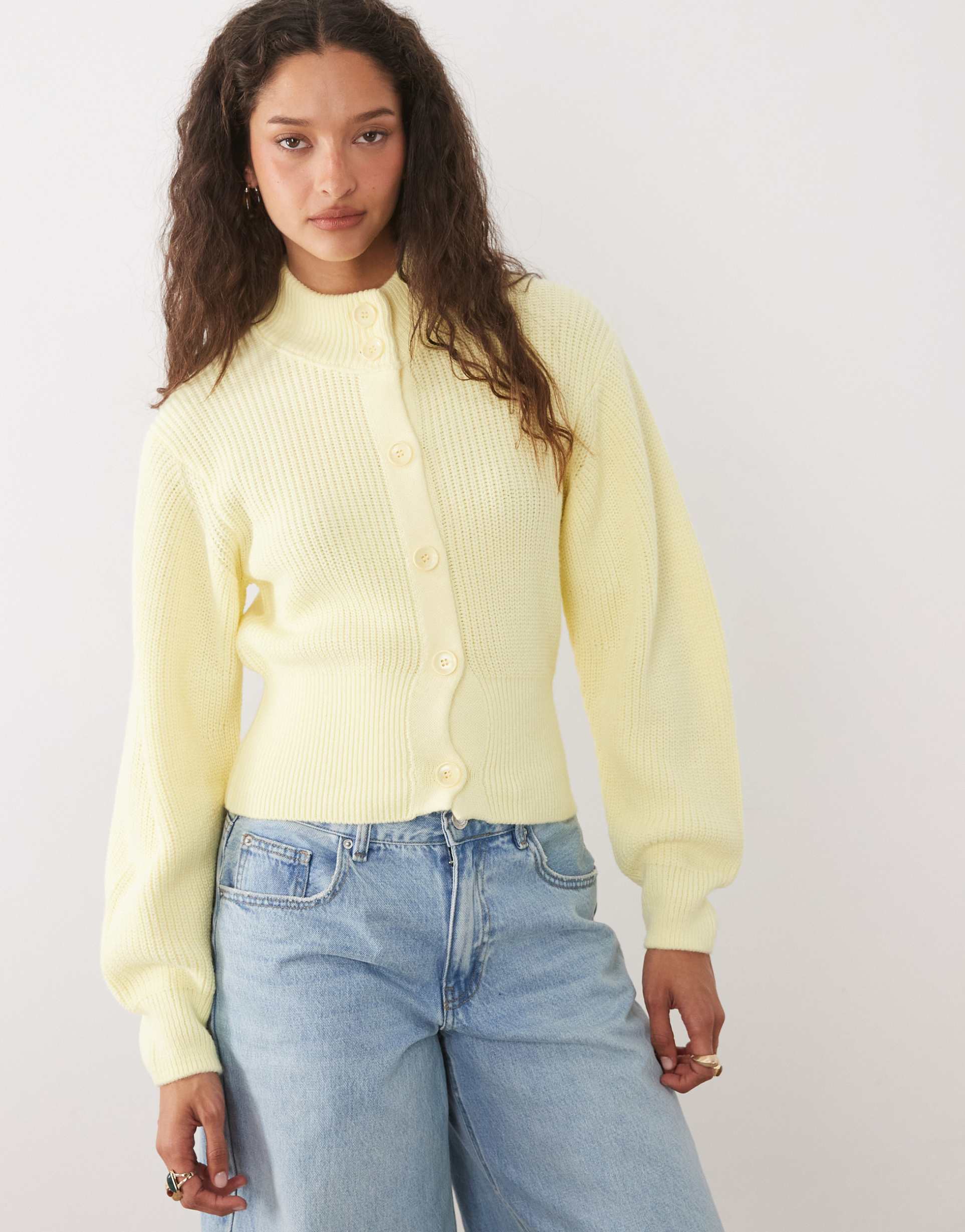 asos design knit funnel neck cardigan in buttermilk yellow