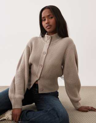 Asos Design Knit Funnel Neck Cardigan In Neutral
