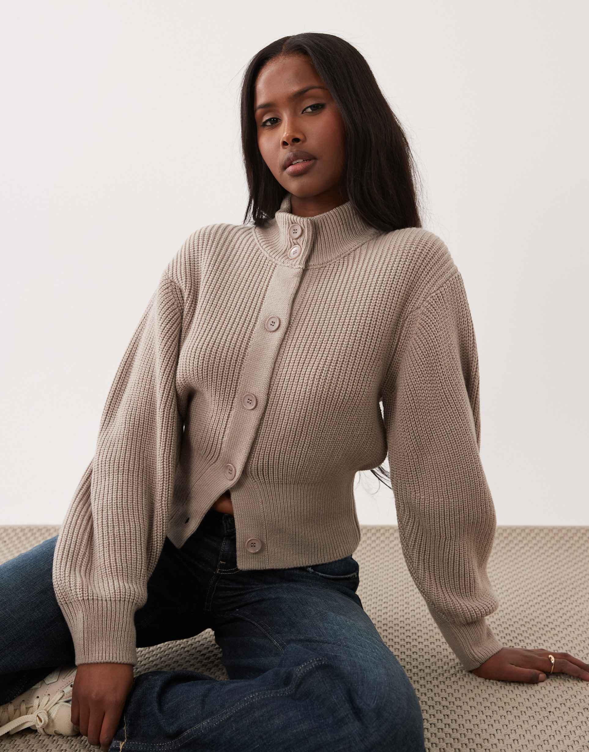 asos design knit funnel neck cardigan in stone