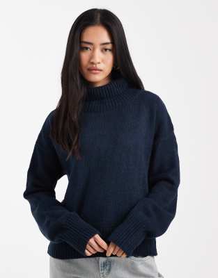 Asos Design Knit Funnel Neck Sweater In Blue
