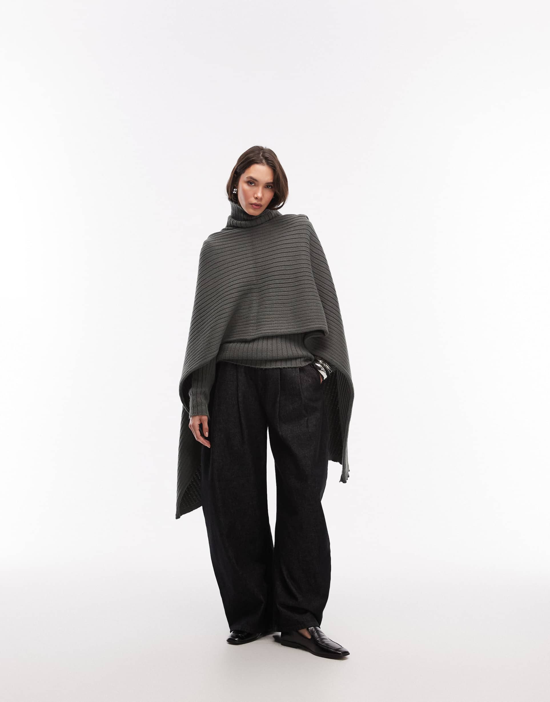 asos design knit funnel neck sweater with re-attachable scarf in charcoal