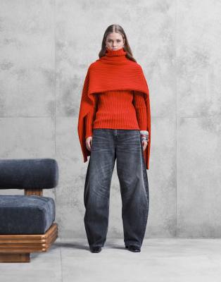 Asos Design Knit Funnel Neck Sweater With Re-attachable Scarf In Red