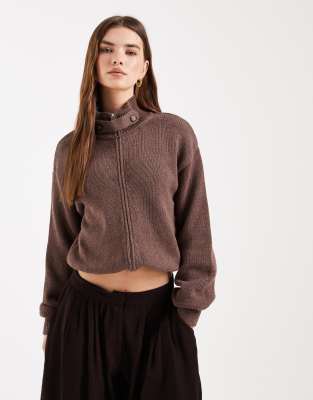 Asos Design Knit Funnel Neck Zip Up Cardigan In Brown