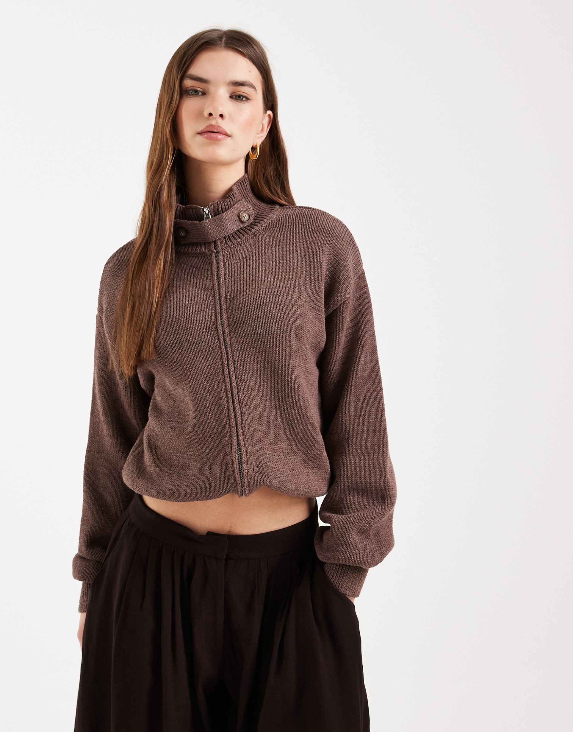 asos design knit funnel neck zip up cardigan in brown