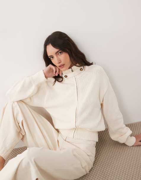 ASOS DESIGN knitted funnel neck zip up cardigan in ecru