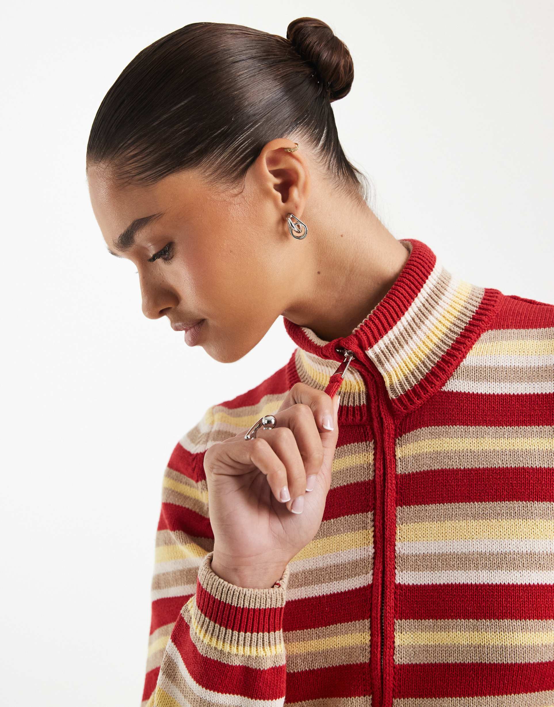 asos design knit funnel neck zip up jacket in stripe - part of a set