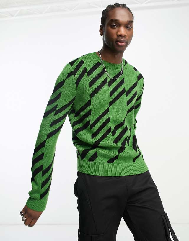 ASOS DESIGN knit geo print sweater in green & black