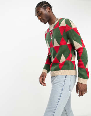 Asos Design Knit Geo Print Sweater In Jewel Tones-multi In Multi