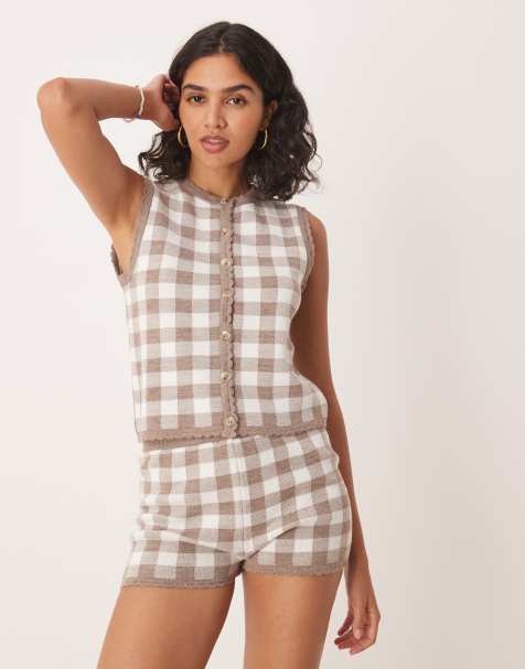 ASOS DESIGN knitted gingham top co-ord with scalloped edge in mocha