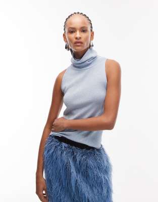 Asos Design Knit Glitter Tank With Turtleneck Detail In Blue