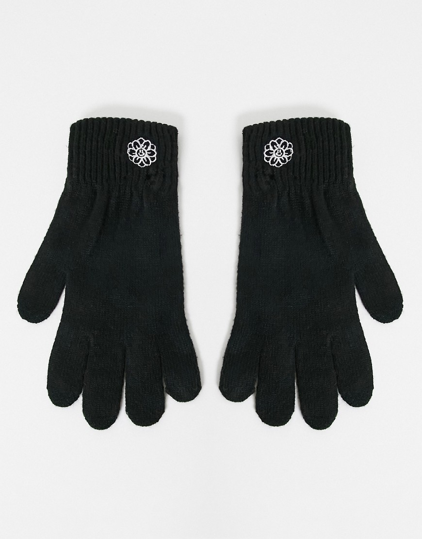ASOS DESIGN knit gloves with flower embroidery-Black