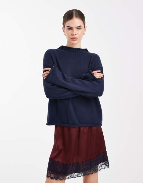 ASOS DESIGN knit grown on neck sweater in navy - view 1