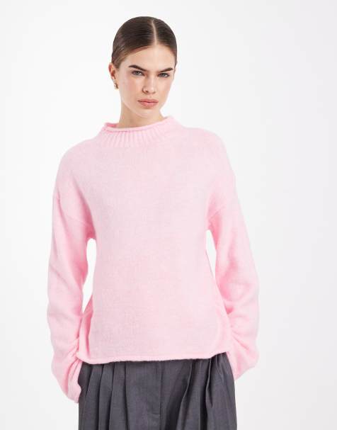 ASOS DESIGN knit grown on neck sweater in pink - view 1