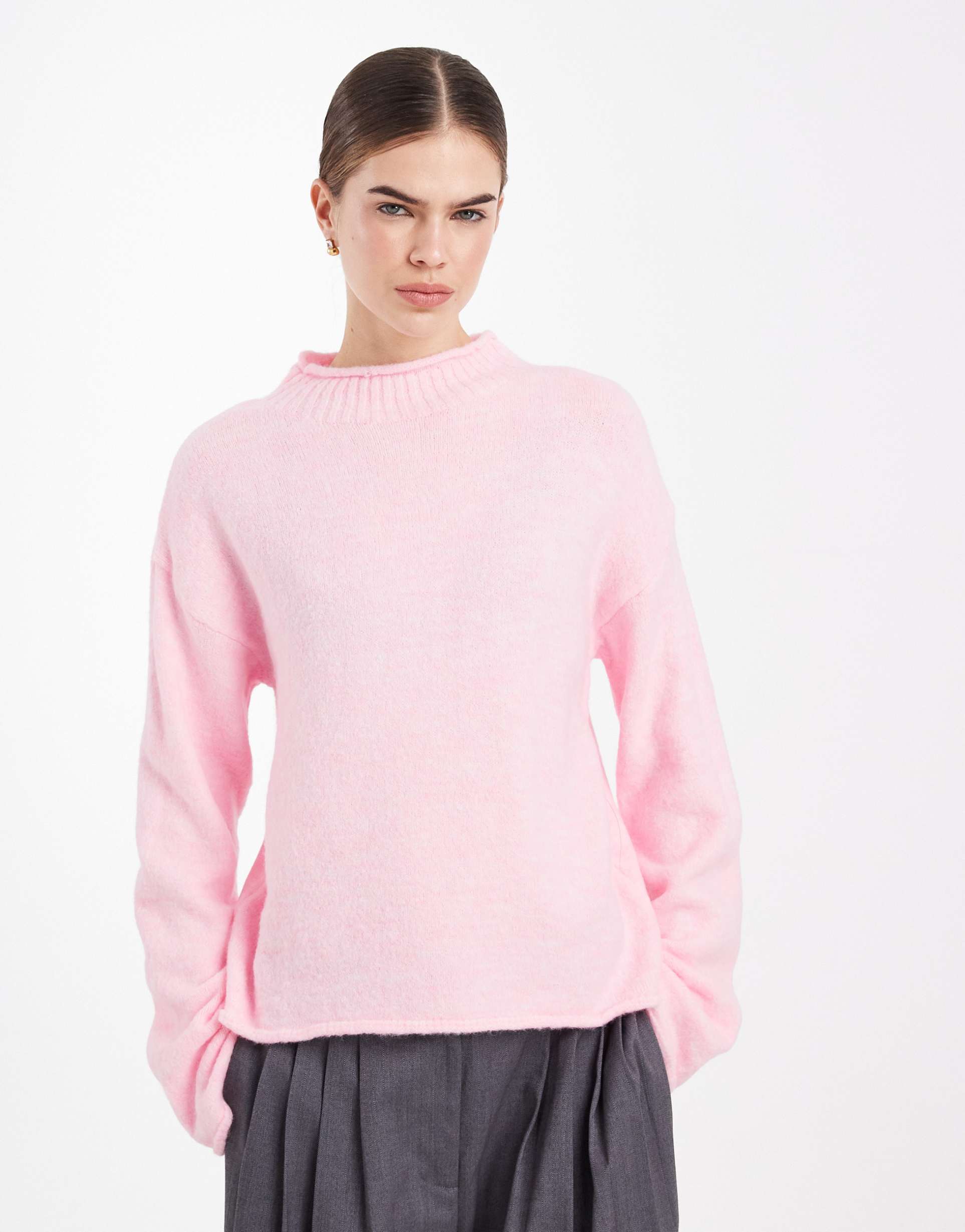 asos design knit grown on neck sweater in pink