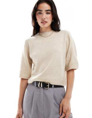 knit half sleeve fluffy top in ecru-White
