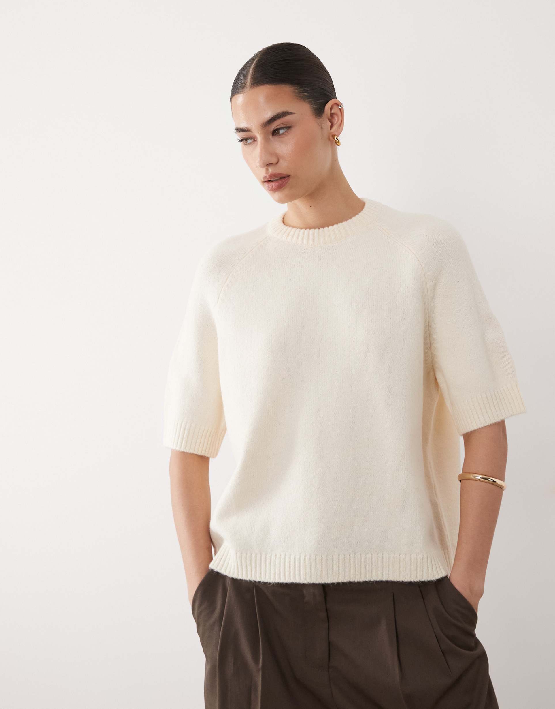 asos design knit half sleeve raglan sweater in ecru