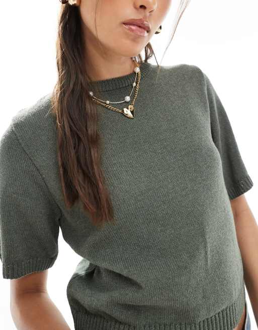 ASOS DESIGN knit half sleeve top in khaki green