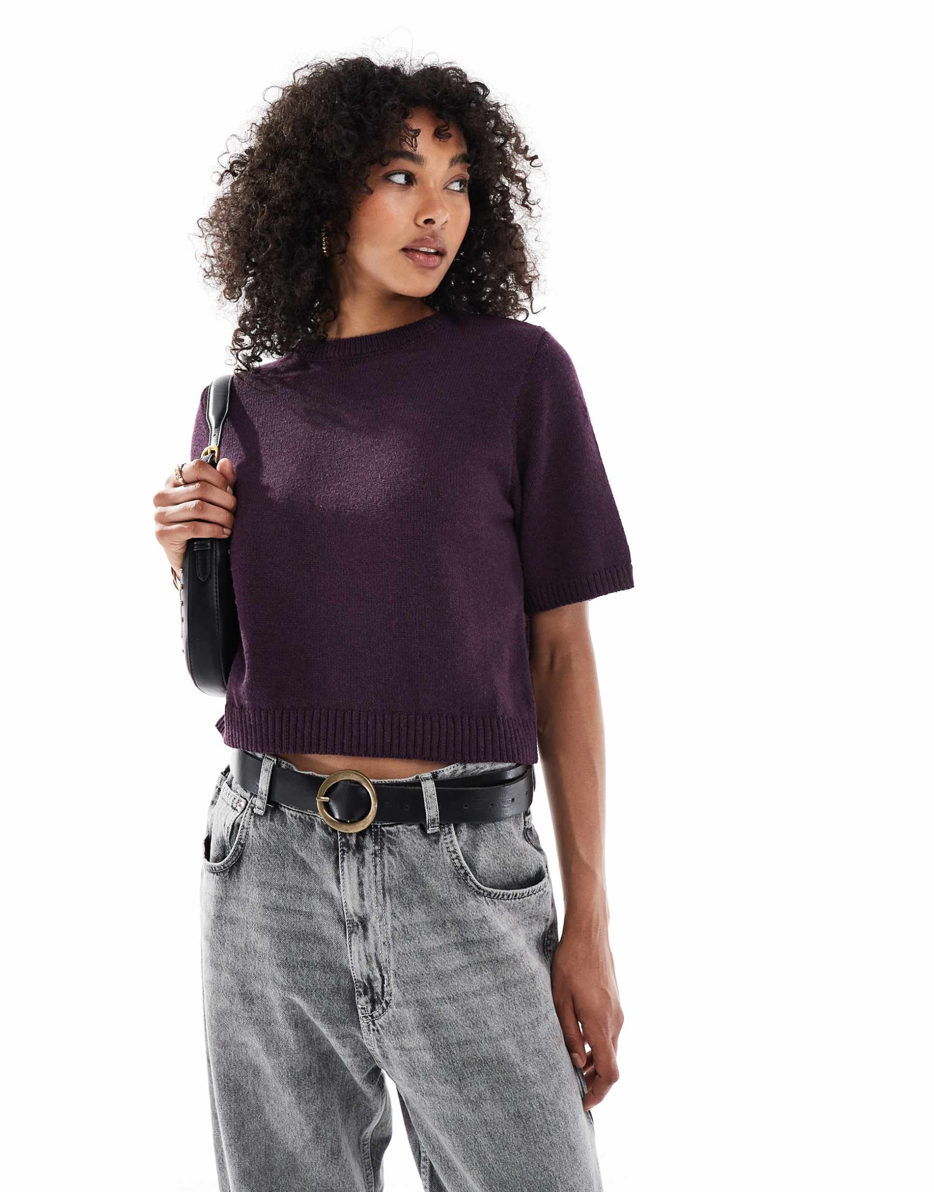 asos design knit half sleeve top in plum