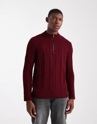 Asos Design Knit Half Zip Funnel Neck Sweater In Burgundy