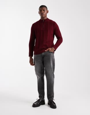 Asos Design Knit Half Zip Funnel Neck Sweater In Burgundy