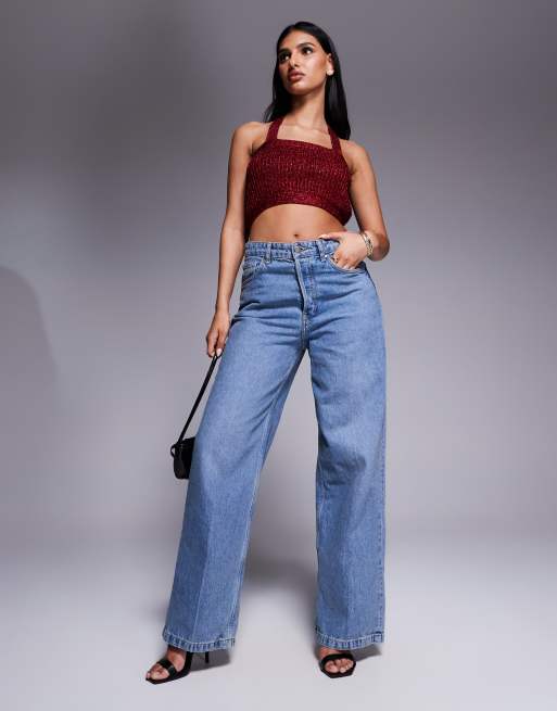 ASOS DESIGN knit halter crop top with metallic yarn in burgundy, 2 of 4