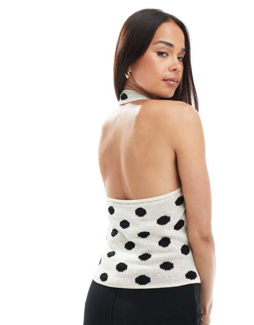 ASOS DESIGN knit halter dot in cream polka dot