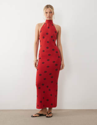 ASOS DESIGN knit halter neck maxi dress in red polka dot