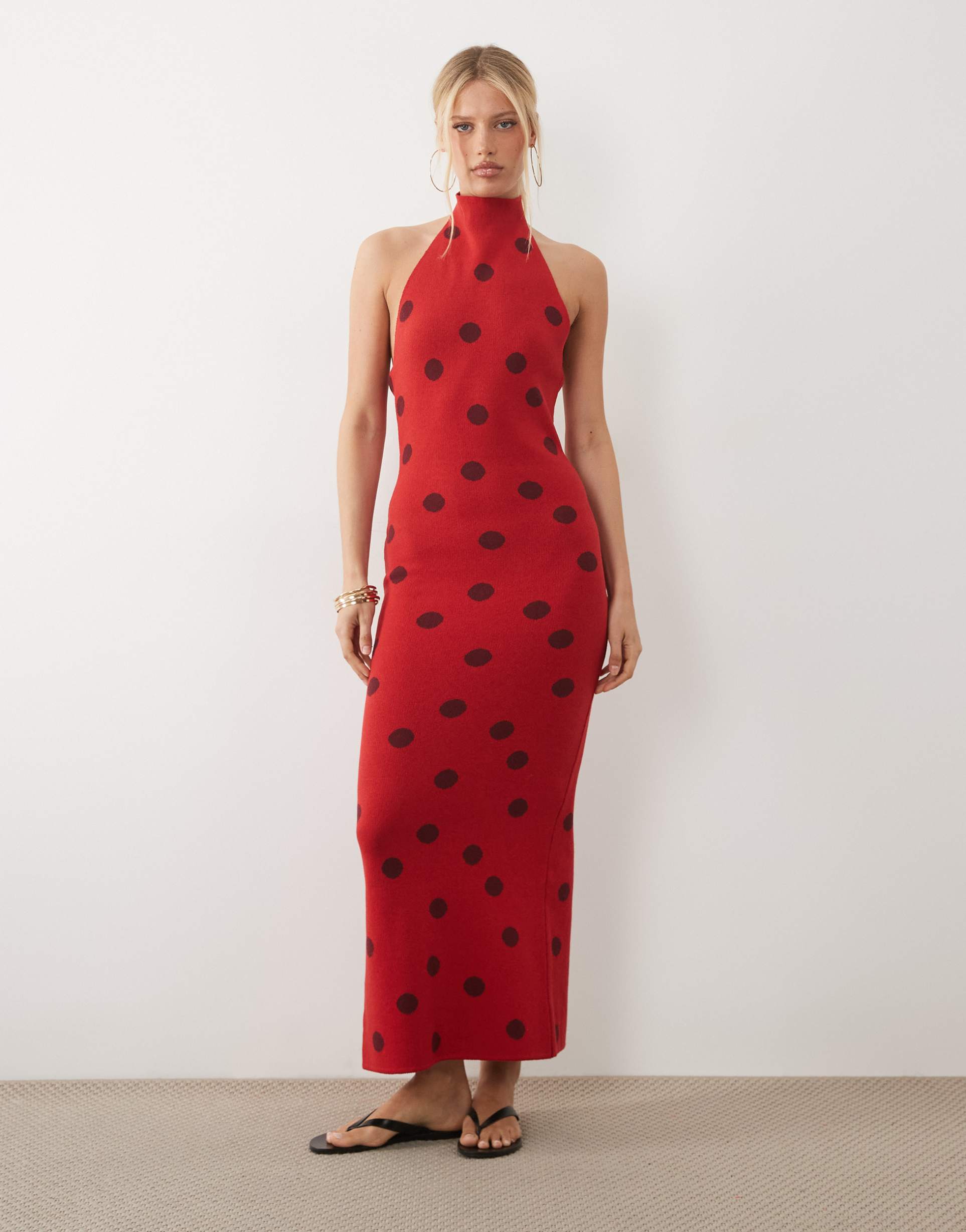 asos design knit halter neck maxi dress in red polka dot
