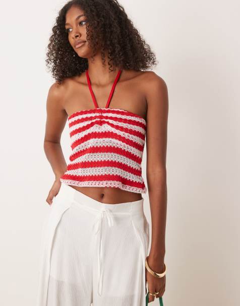 ASOS DESIGN knit halter neck top in red and white stripe - view 1