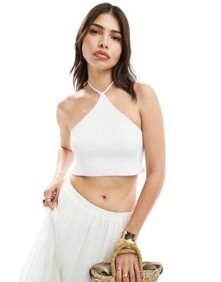 Asos Design Knit Halter Neck Top In White