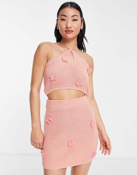 ASOS DESIGN co-ord knitted halter neck top with 3D flower detail