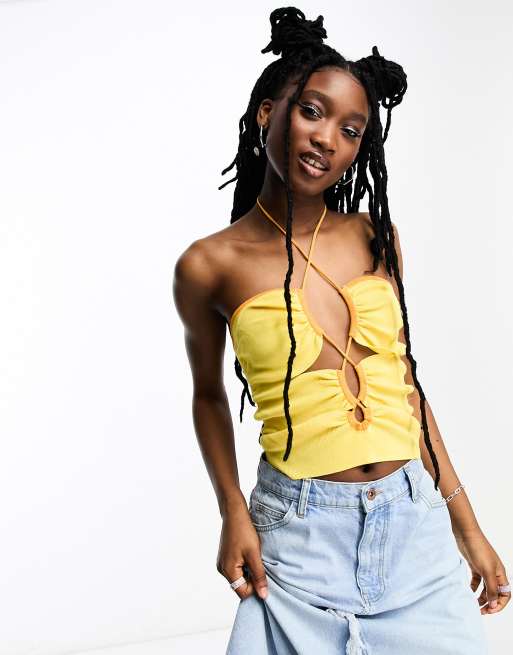 ASOS DESIGN knit halter top with cut out detail and contrast trim in yellow