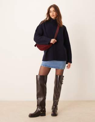 Asos Design Knit High Neck Structured Trapeze Sweater In Navy