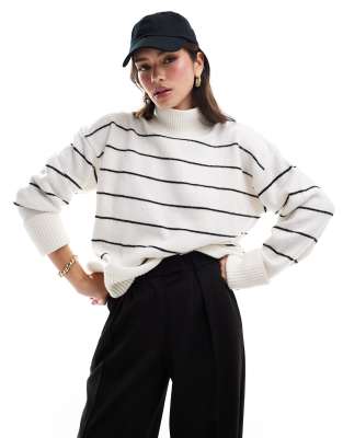 Asos Design Knit High Neck Sweater With Turn-back Cuffs In Mono Stripe-multi