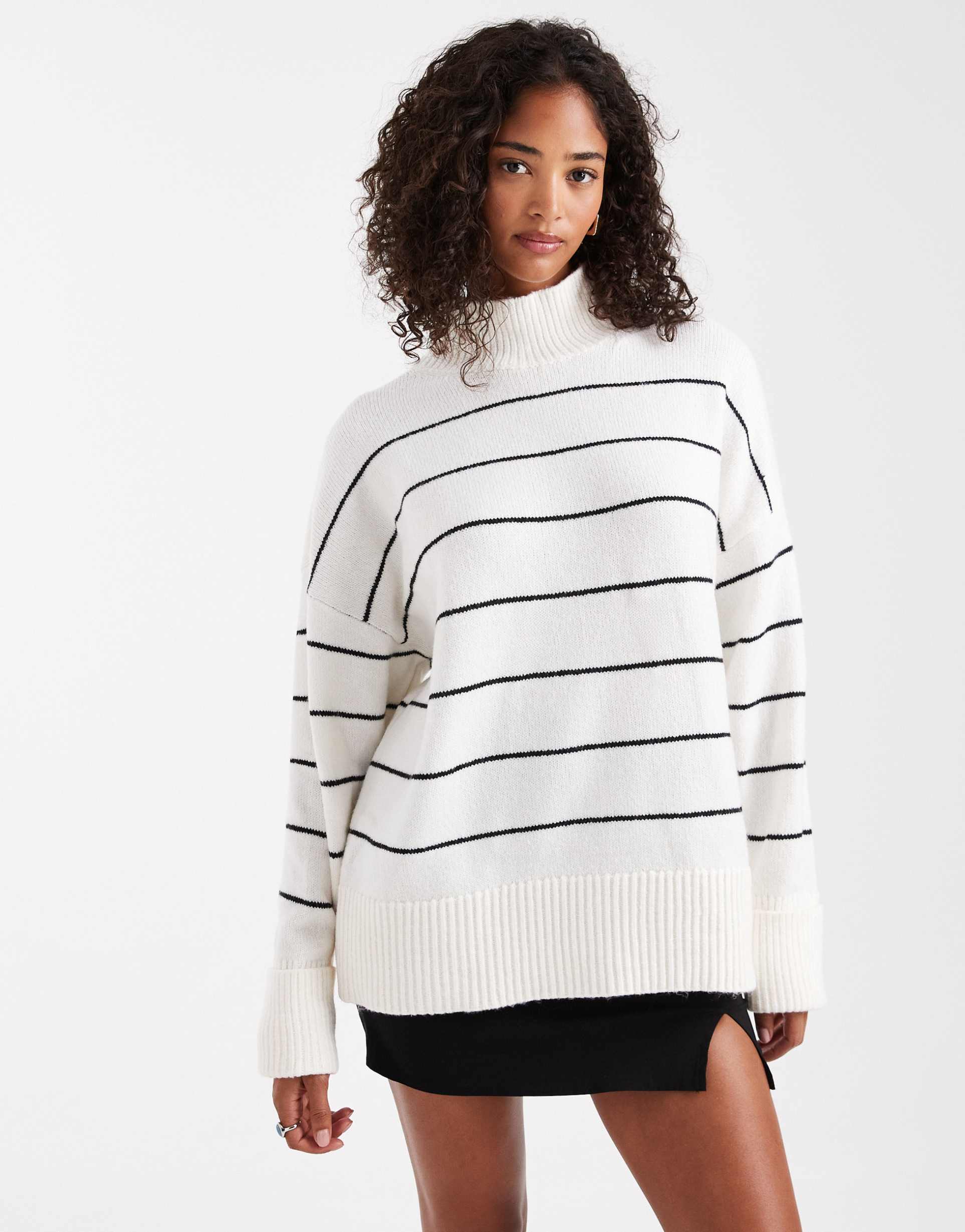 asos design knit high neck sweater with turn-back cuffs in mono stripe