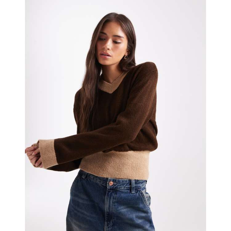 ASOS DESIGN knit high v-neck sweater with contrast ribbing in