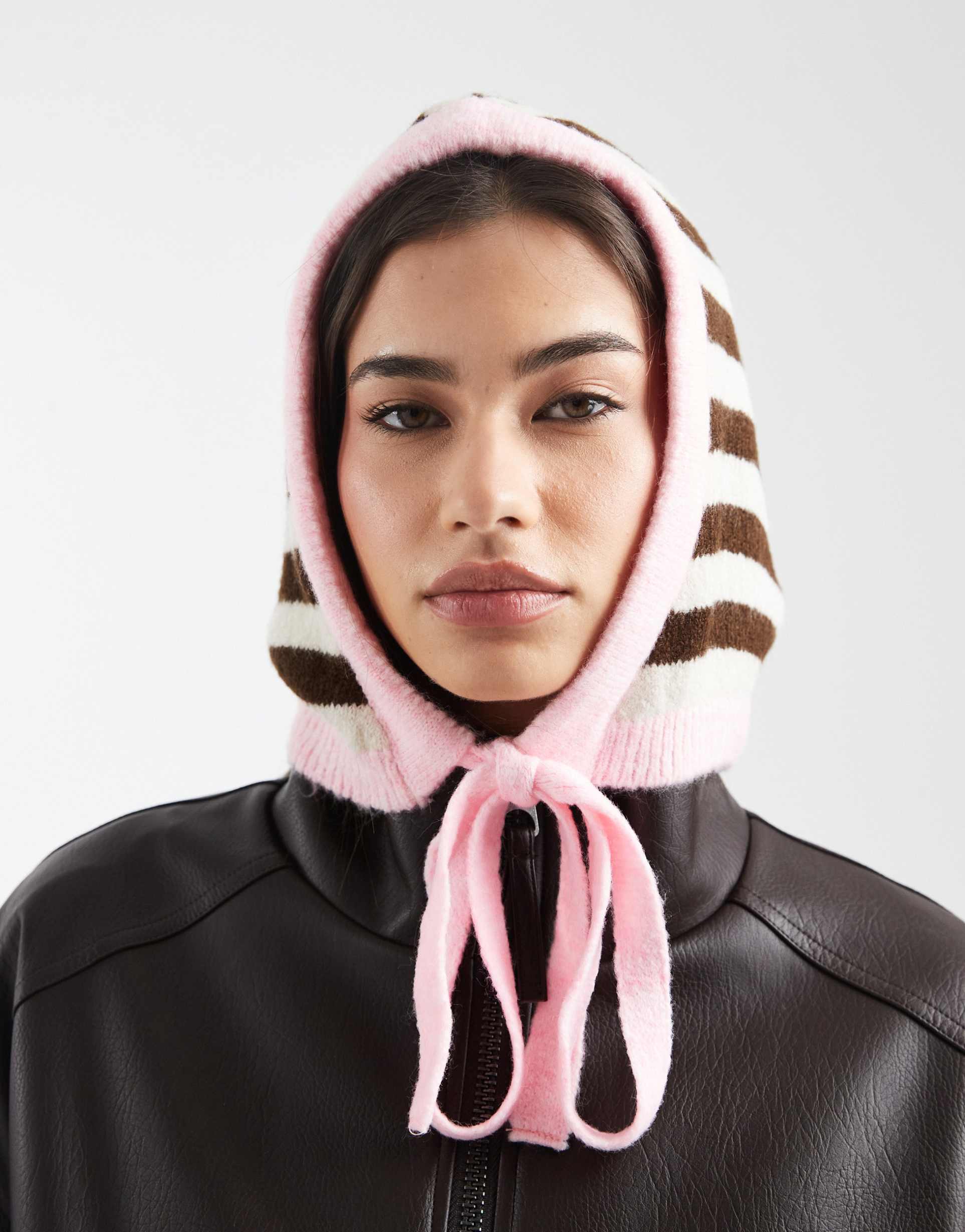 asos design knit hood in brown stripes