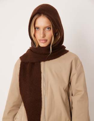 Asos Design Knit Hooded Scarf In Brown