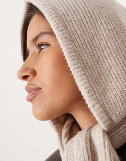 ASOS DESIGN knit hooded scarf in oatmeal