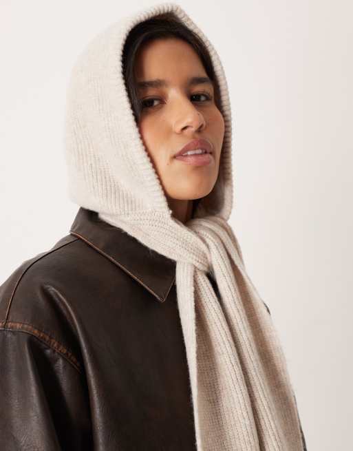 ASOS DESIGN knit hooded scarf in oatmeal