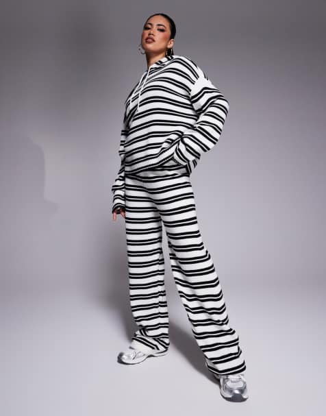 ASOS DESIGN knit hoodie and wide leg pants set in black and white stripe - view 1