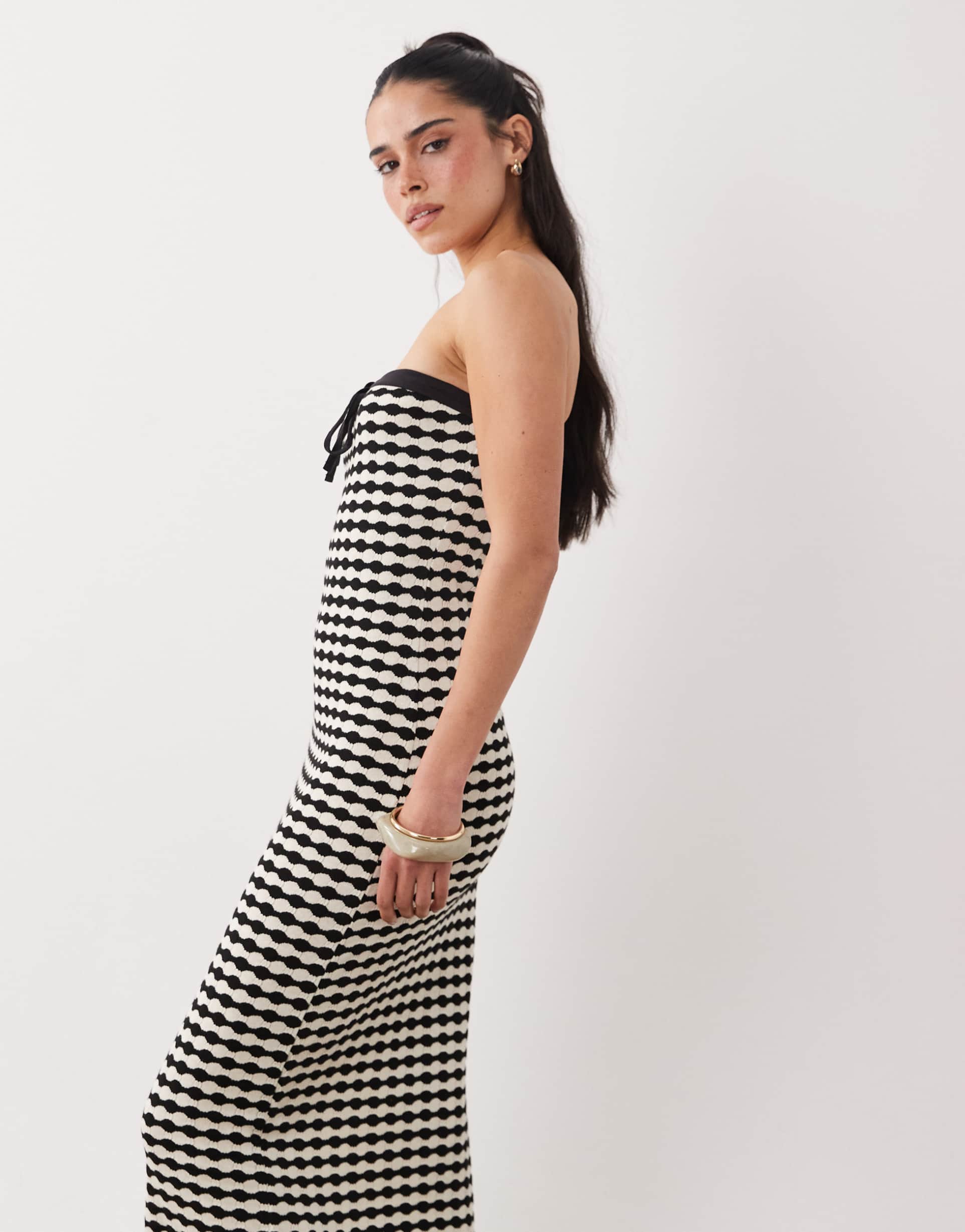 asos design knit jersey bandeau maxi dress in mono gingham