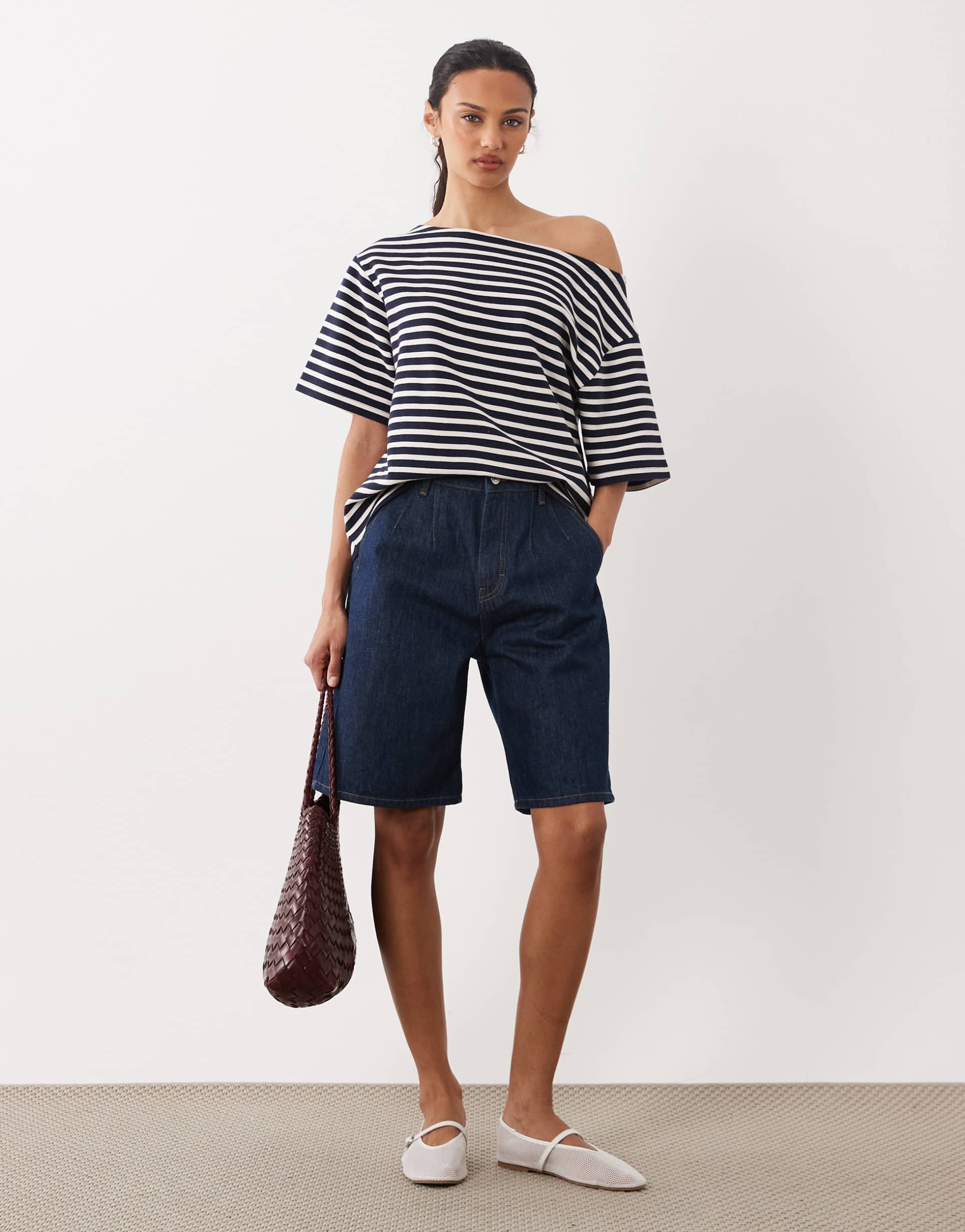 asos design knit jersey oversized off the shoulder top in black and white stripes - part of a set