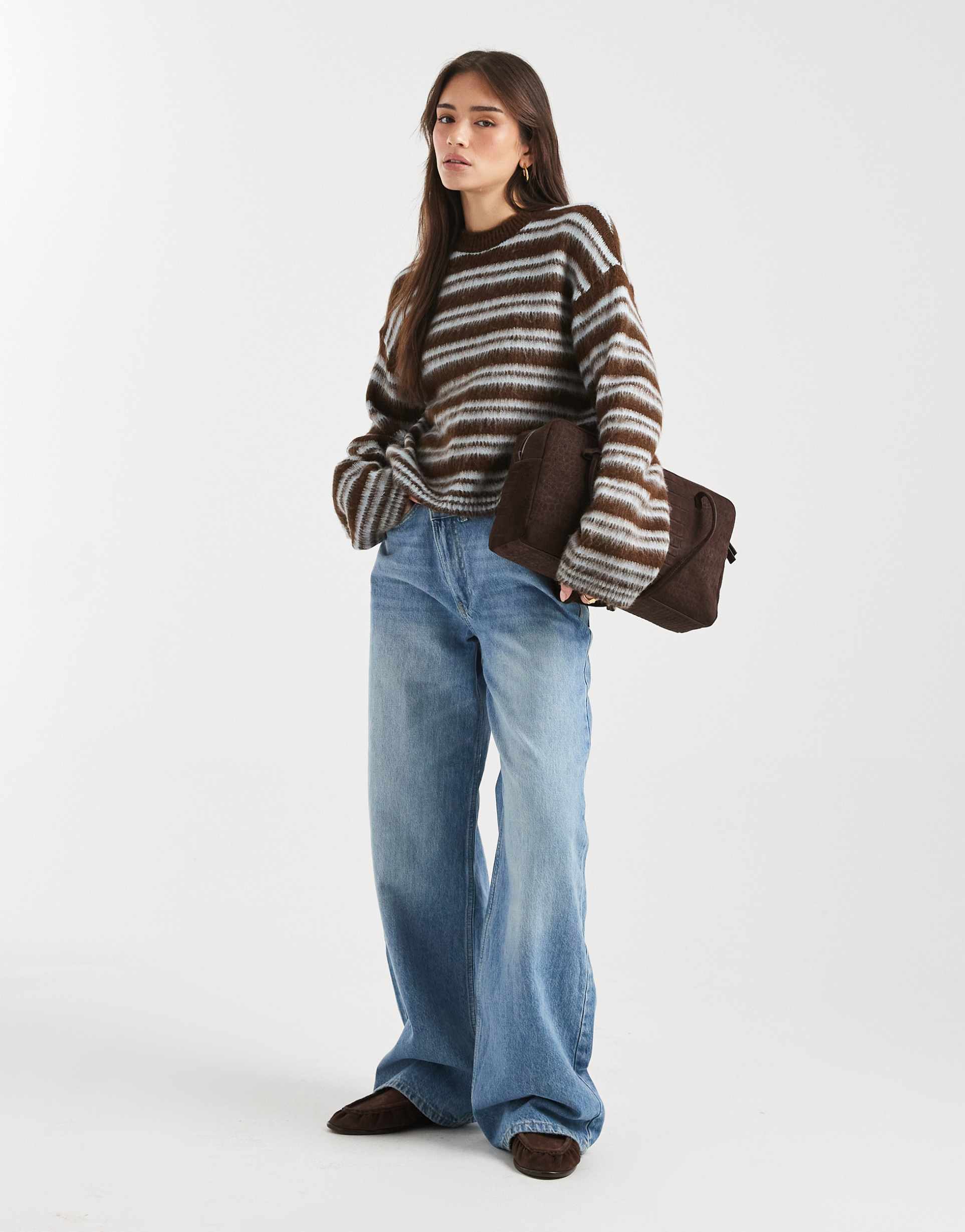 asos design knit jumper in brown brushed stripes